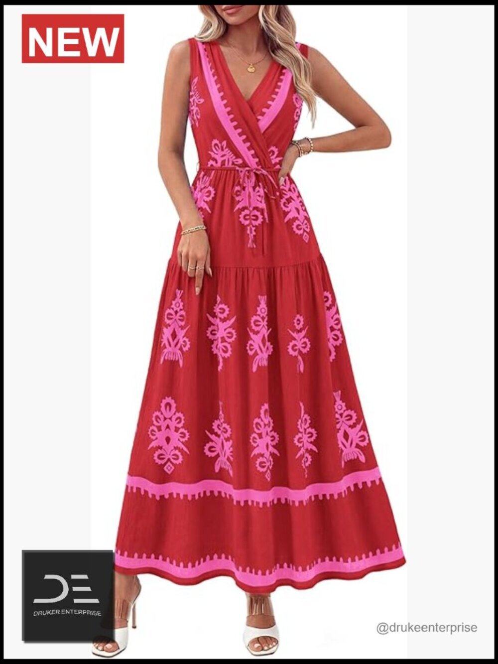 Boho V-Neck Maxi Dress with Belt and Pockets
